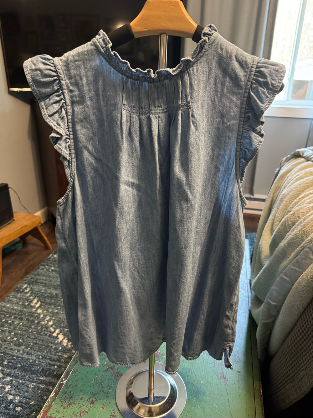 Old Navy Light Blue Ruffled Denim Tank Top